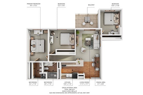 Floor plan for 3 beds, 2 baths, 950 sqft